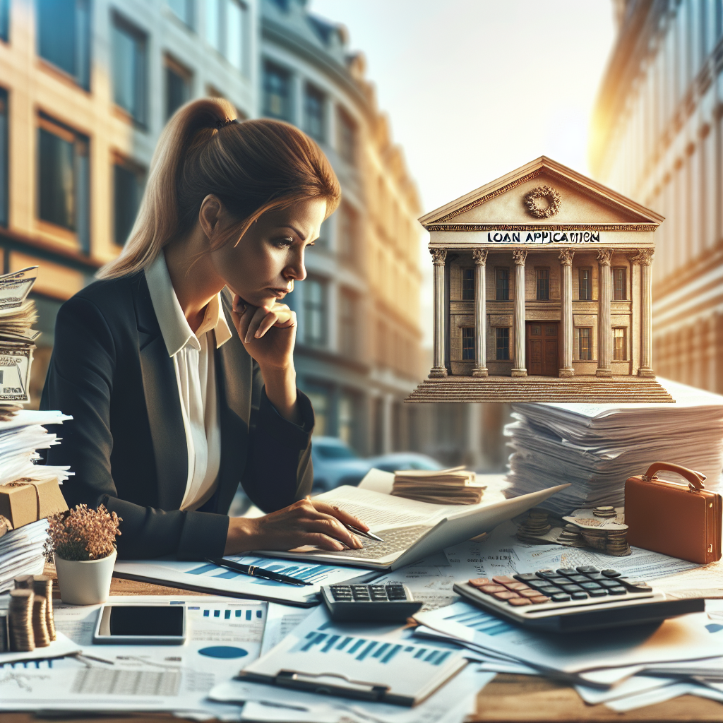 A small business owner analyzing loan paperwork at a desk with a bank in the background.