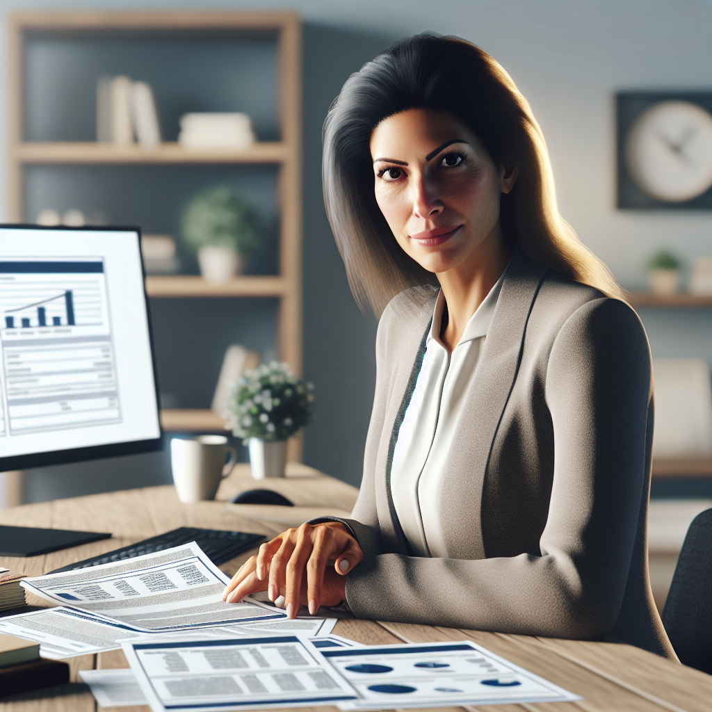 A small business owner reviewing loan documents and financial charts in an office setting.