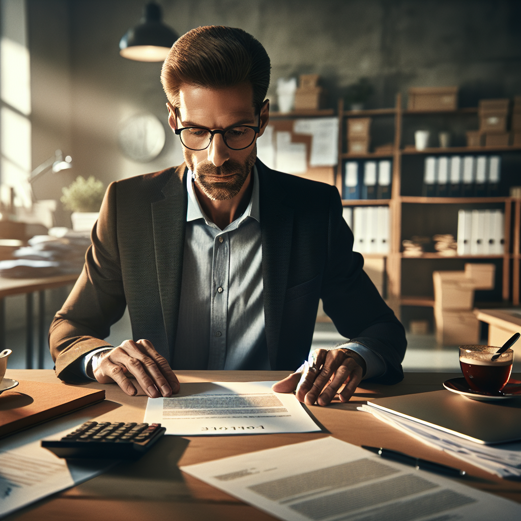 A business owner reviewing a contract at his desk representing the concept of small business loans.