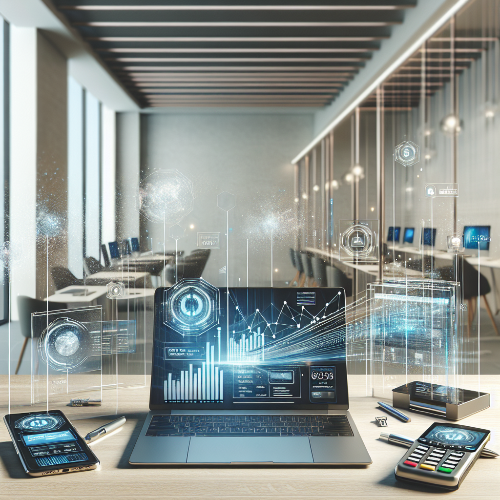 Modern office scene with a laptop displaying digital financial charts and online transaction devices, representing e-Business finance.