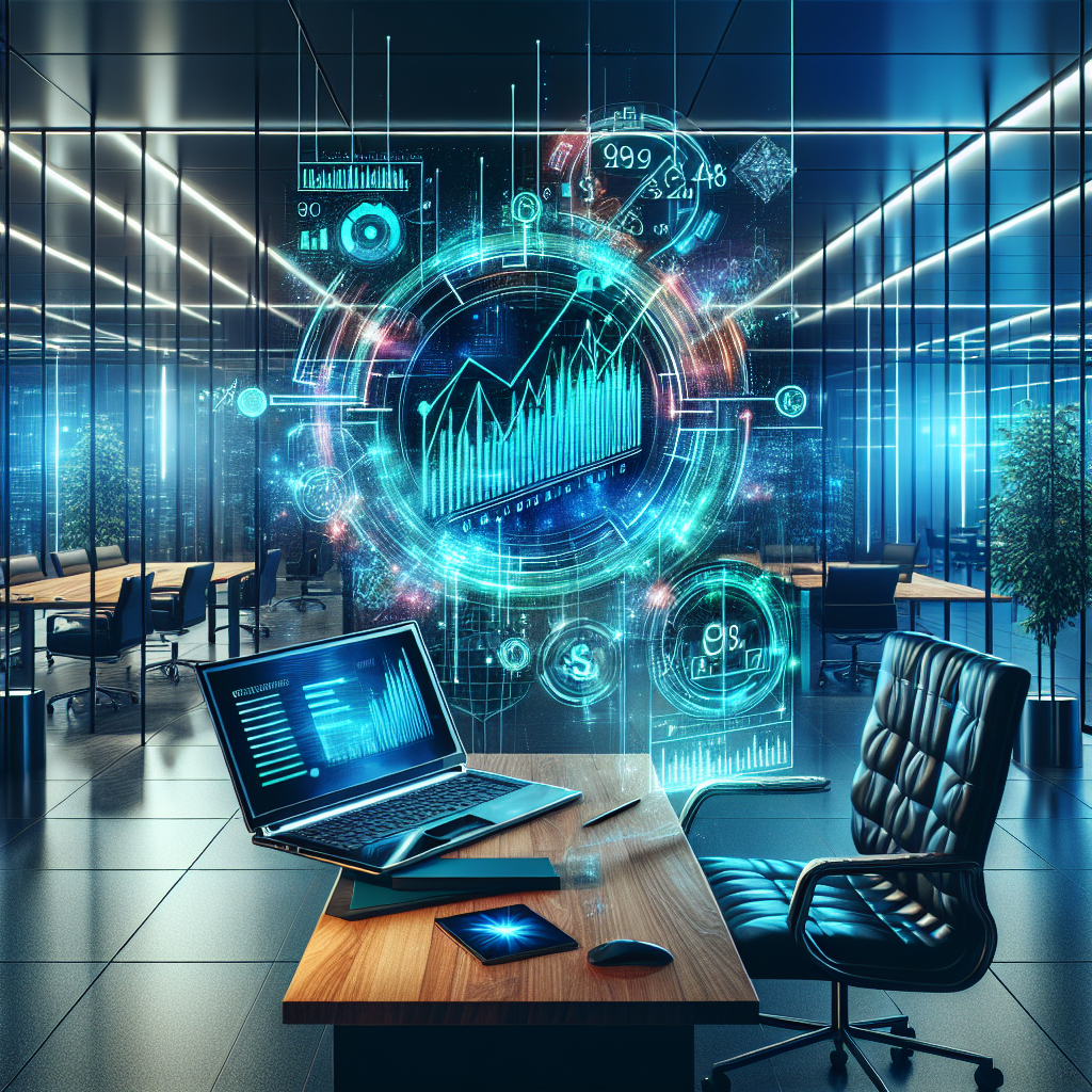 A modern e-Business office setup with a laptop displaying financial data and virtual financial charts.