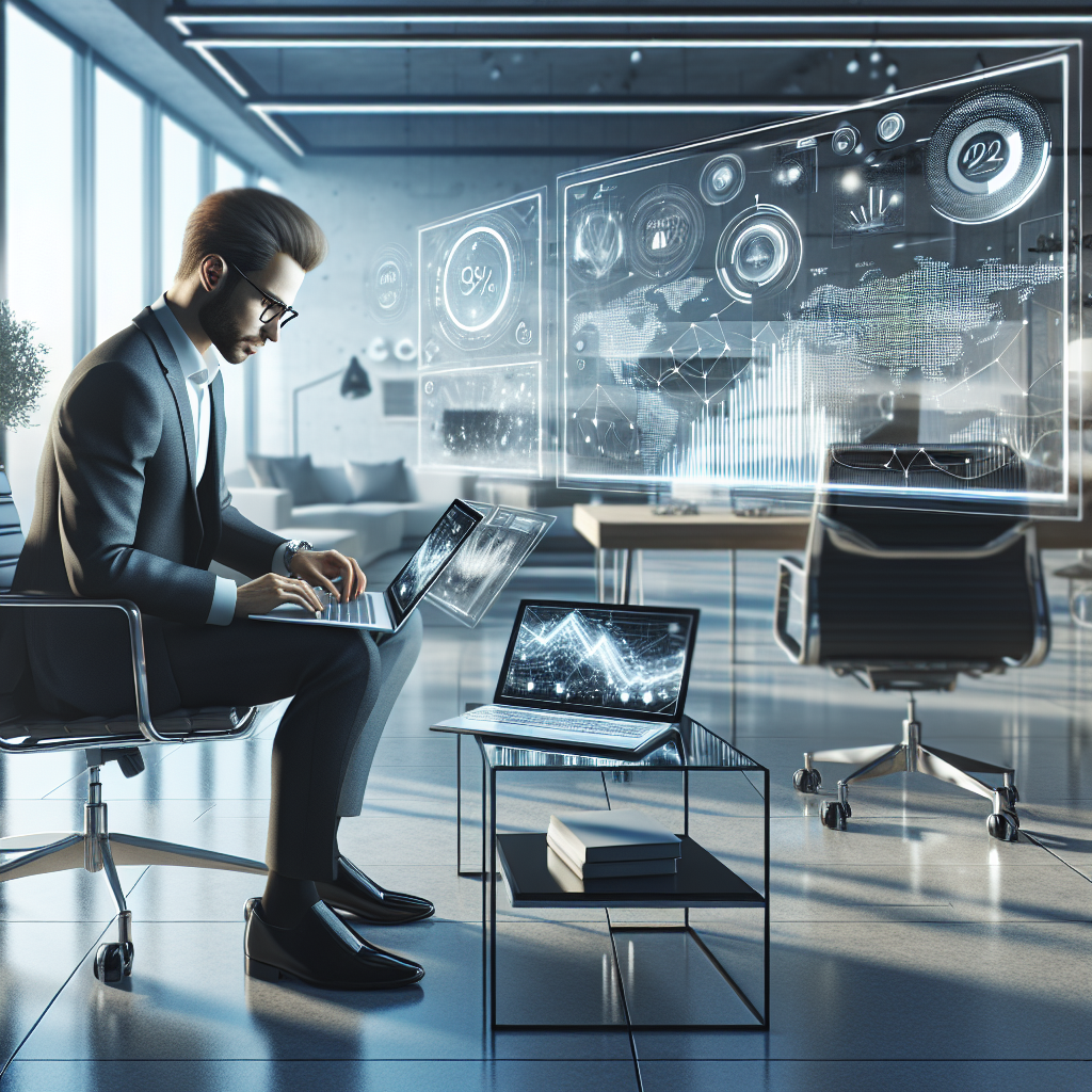 A modern office with an entrepreneur working on digital financial activities on various devices.