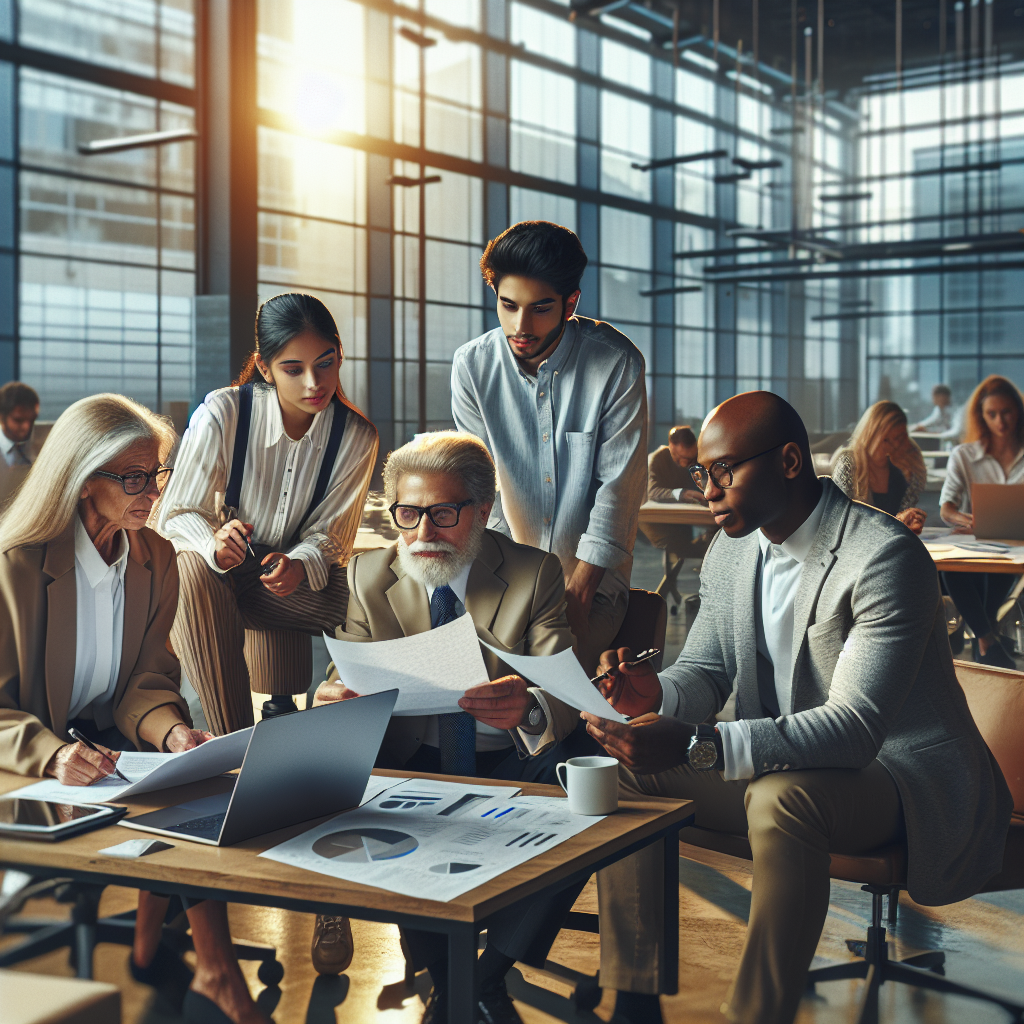 A diverse group of entrepreneurs discussing business funding options in a modern office.