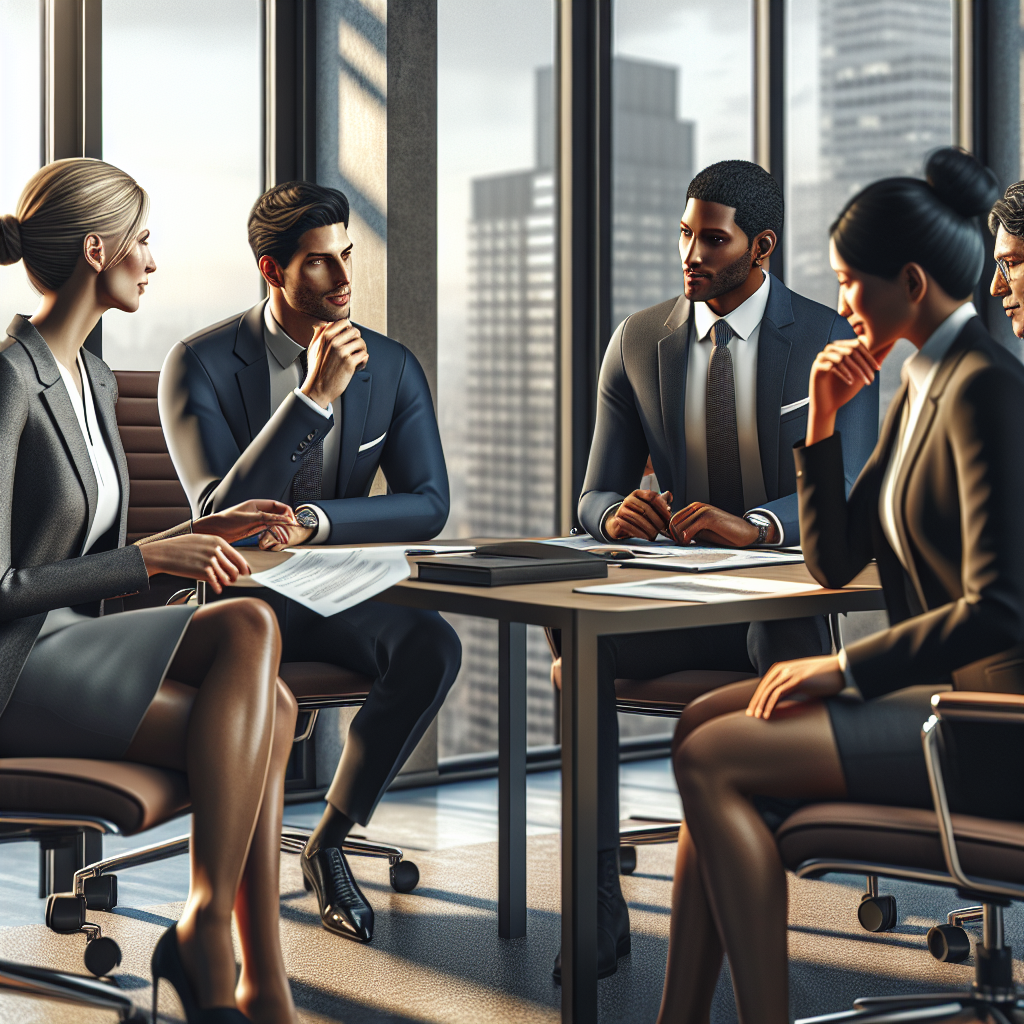 A diverse team of business professionals discussing funding strategies in a modern office.