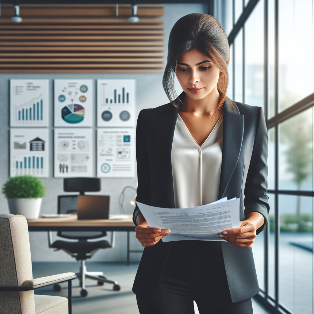 Confident entrepreneur reviewing small business loan documents in a modern office.