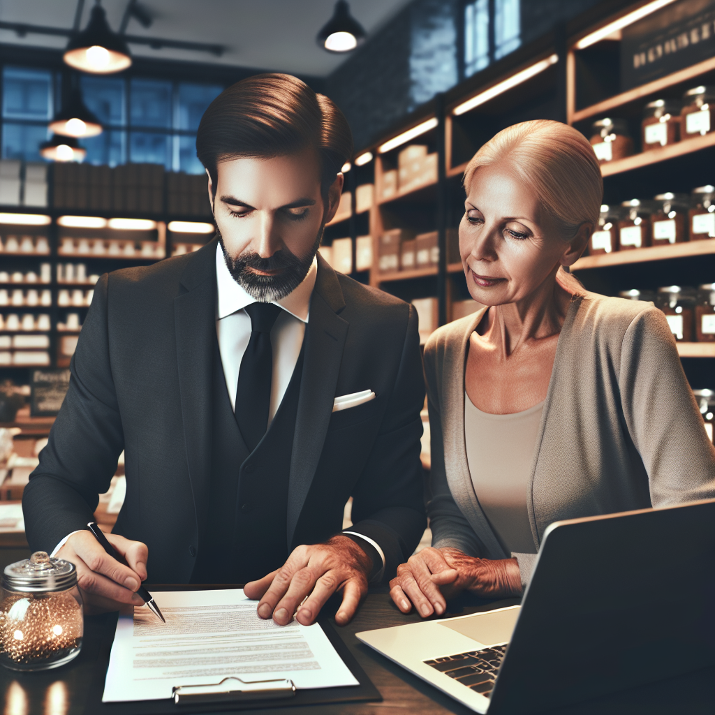 A small business owner reviewing loan documents with an advisor in their well-organized shop.