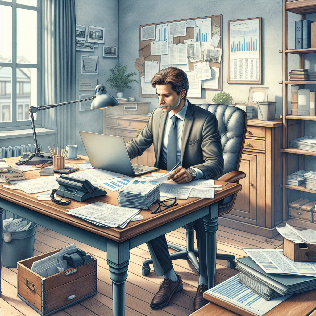 A small business owner reviewing documents at a wooden desk in a cozy office.