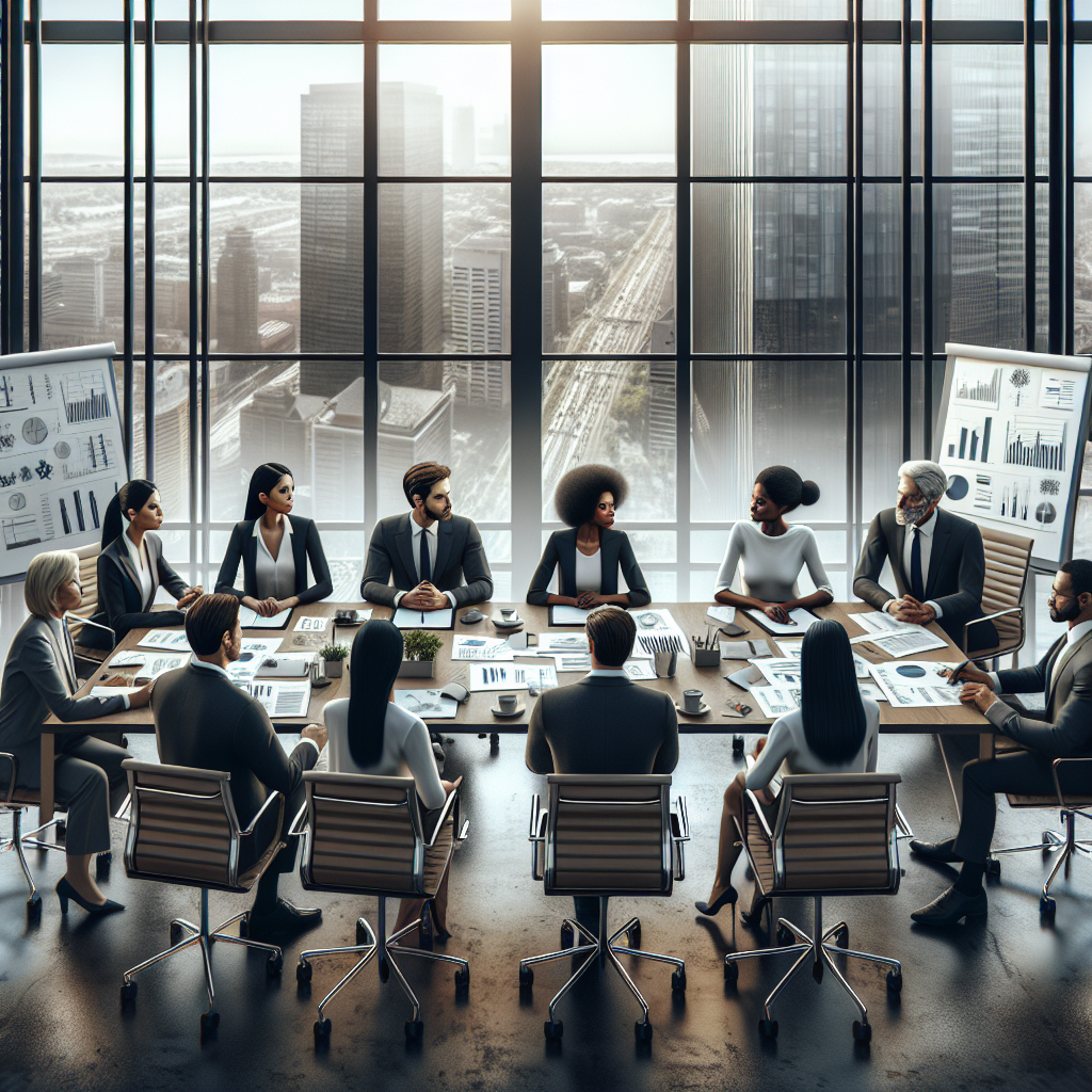 Business professionals in a meeting room analyzing financial documents around a large table.