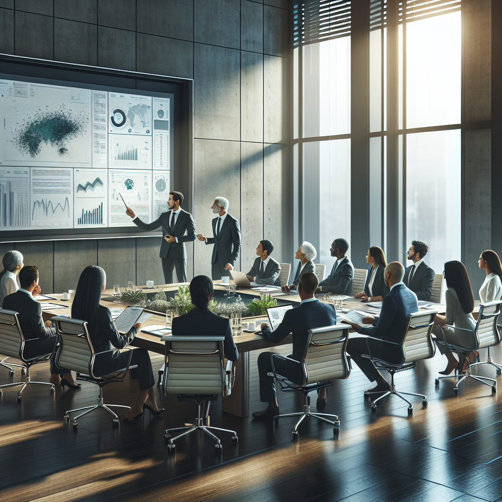 A business meeting in a modern conference room with people discussing a business plan presented on a projector screen.