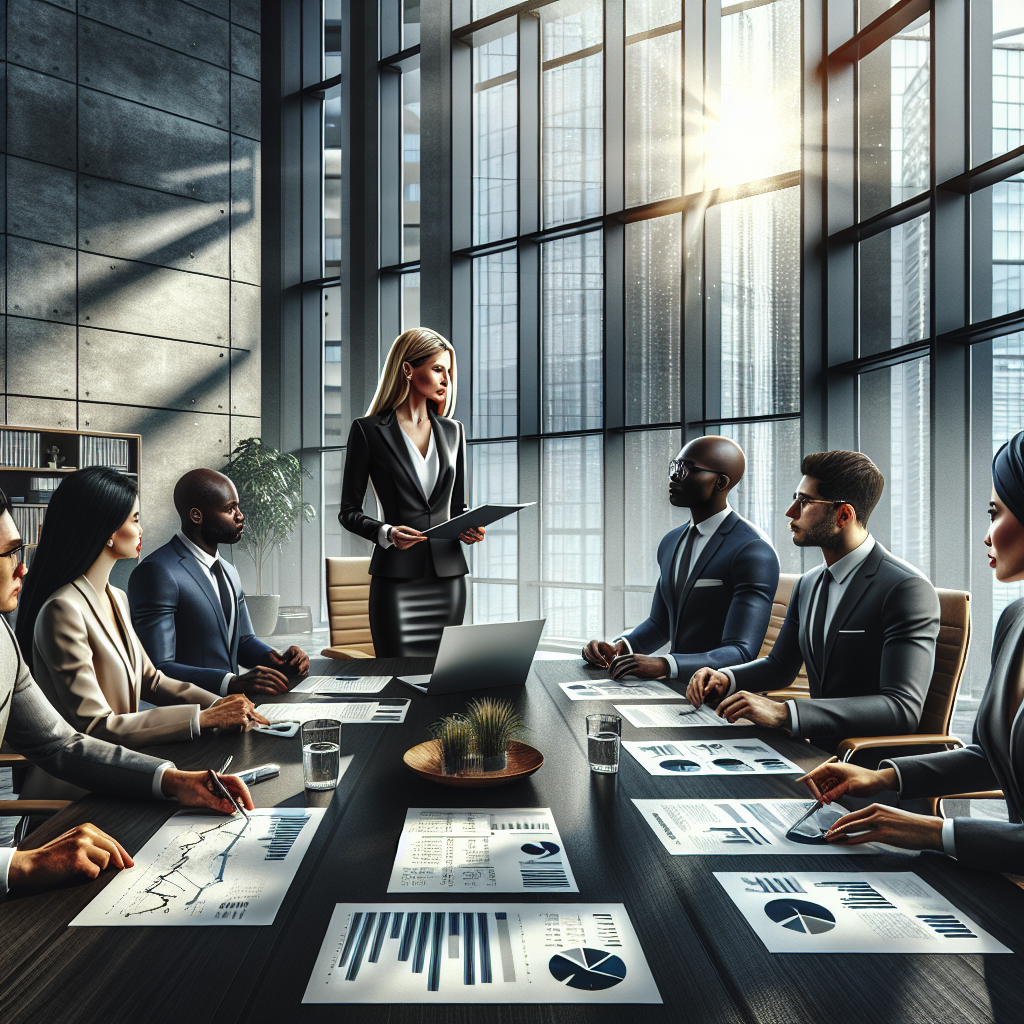 A business owner presenting a business plan to lenders in a modern office boardroom.