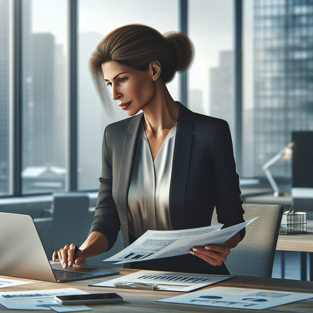 A business owner preparing financial documents in a modern office.