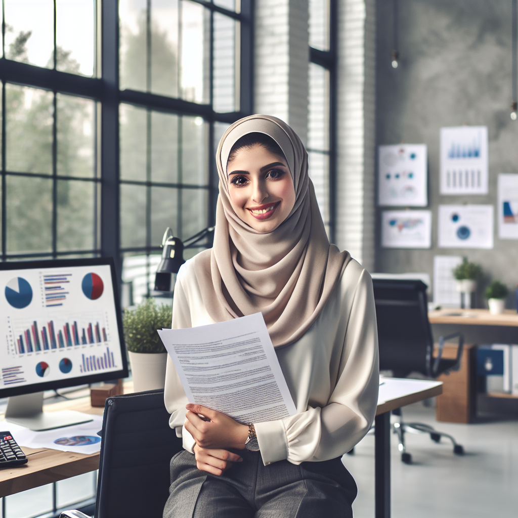 A small business owner smiling in a well-lit, organized office, holding a document with business-related items around.