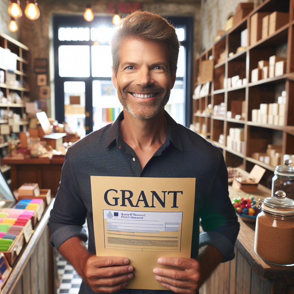 A small business owner happily receiving a government grant in their cozy shop, surrounded by shelves of products.