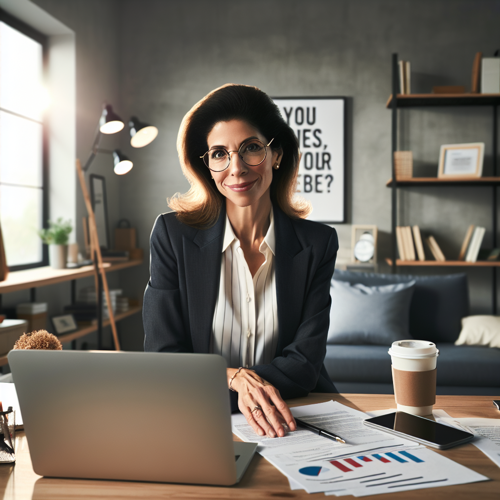 A small business owner working at a desk cluttered with papers and a laptop in a modern office.