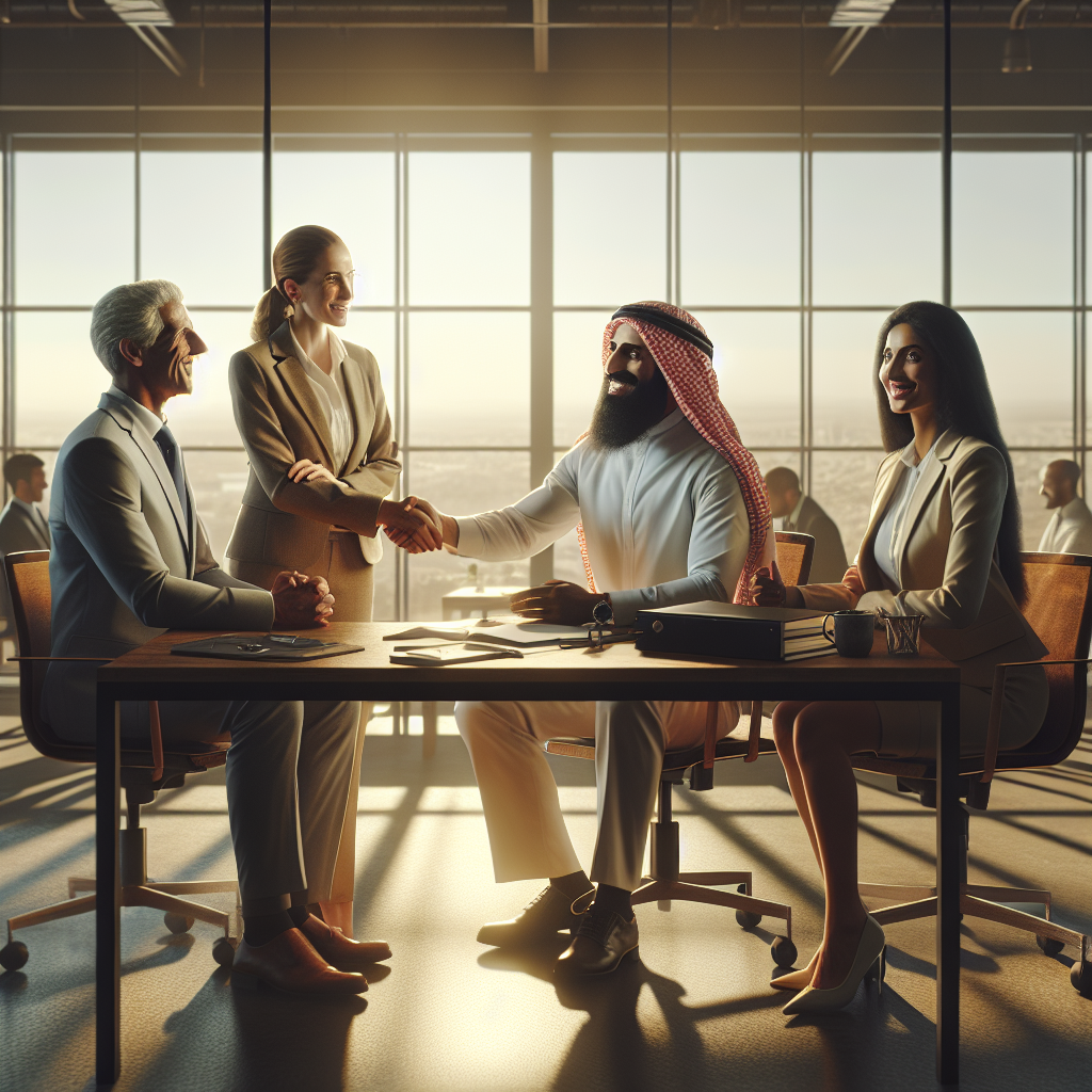 Group of diverse entrepreneurs in a modern office discussing funding and shaking hands.