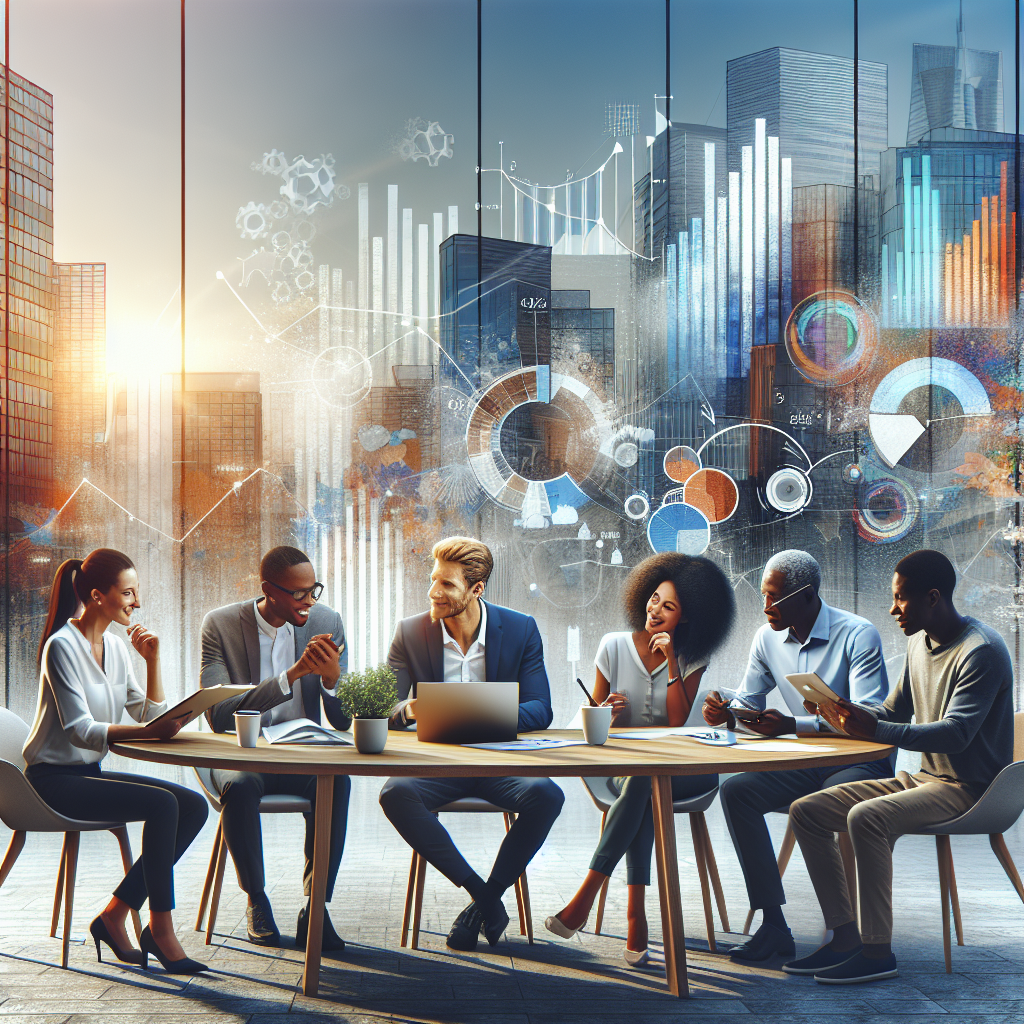 Small business owners in South Africa discussing funding options around a conference table in a vibrant urban setting.