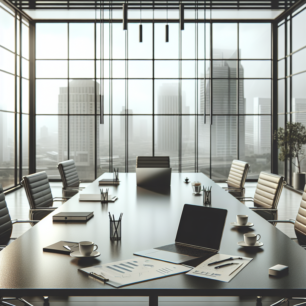 Modern business office with a conference table, laptop, and cityscape view.