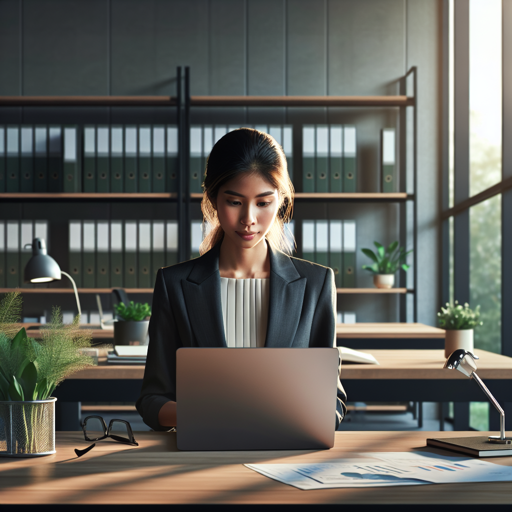 A professional working on a laptop in a modern business office setting.