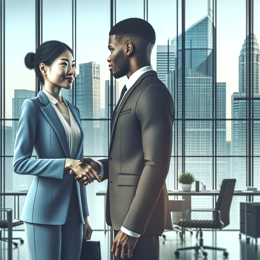 A professional businessperson shaking hands with a banker in a modern office setting.