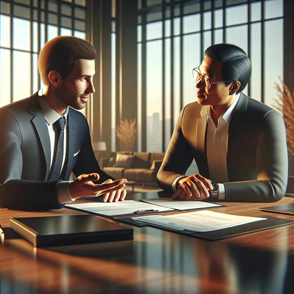 A business loan officer discussing loan purposes with a business owner in a modern office setting.