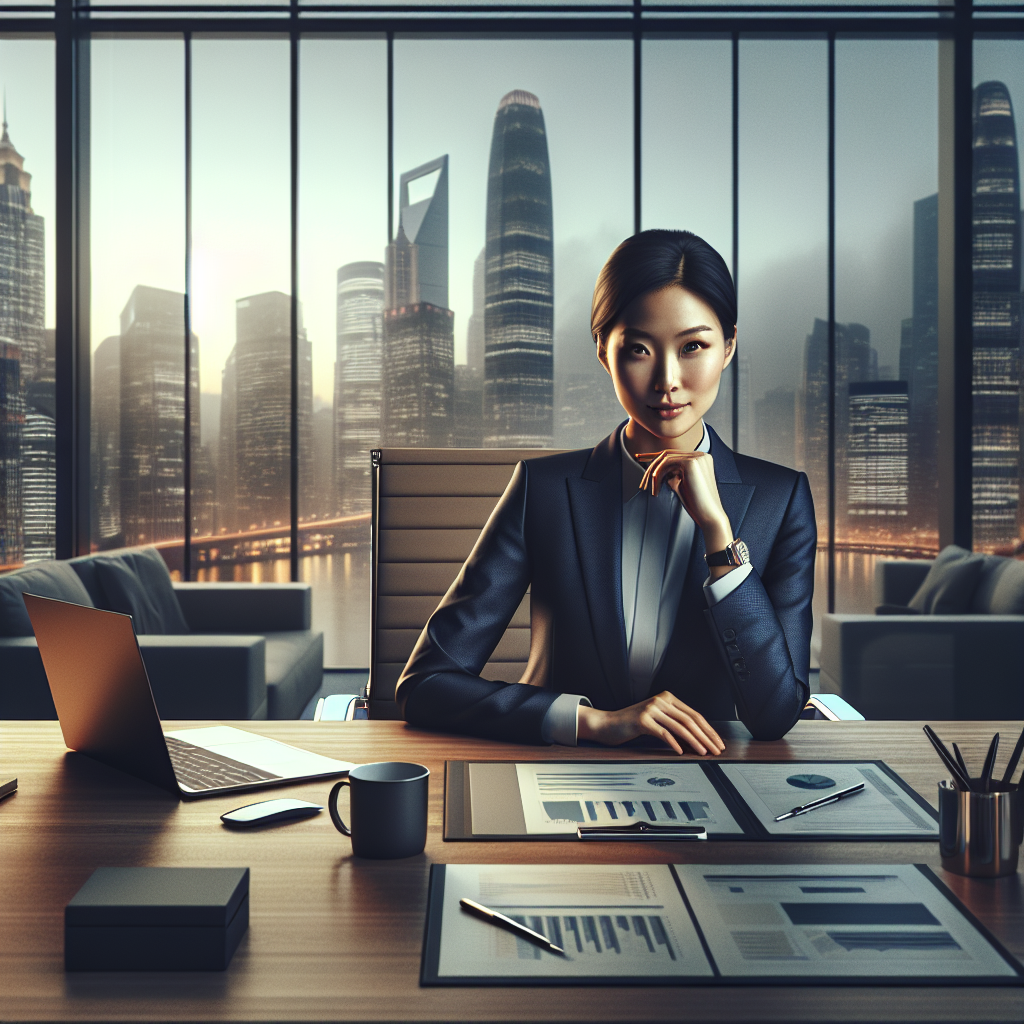 Professional businesswoman in a modern office setting preparing for a business loan meeting.