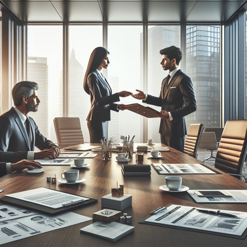 A modern office setting with business professionals discussing an equipment financing agreement.