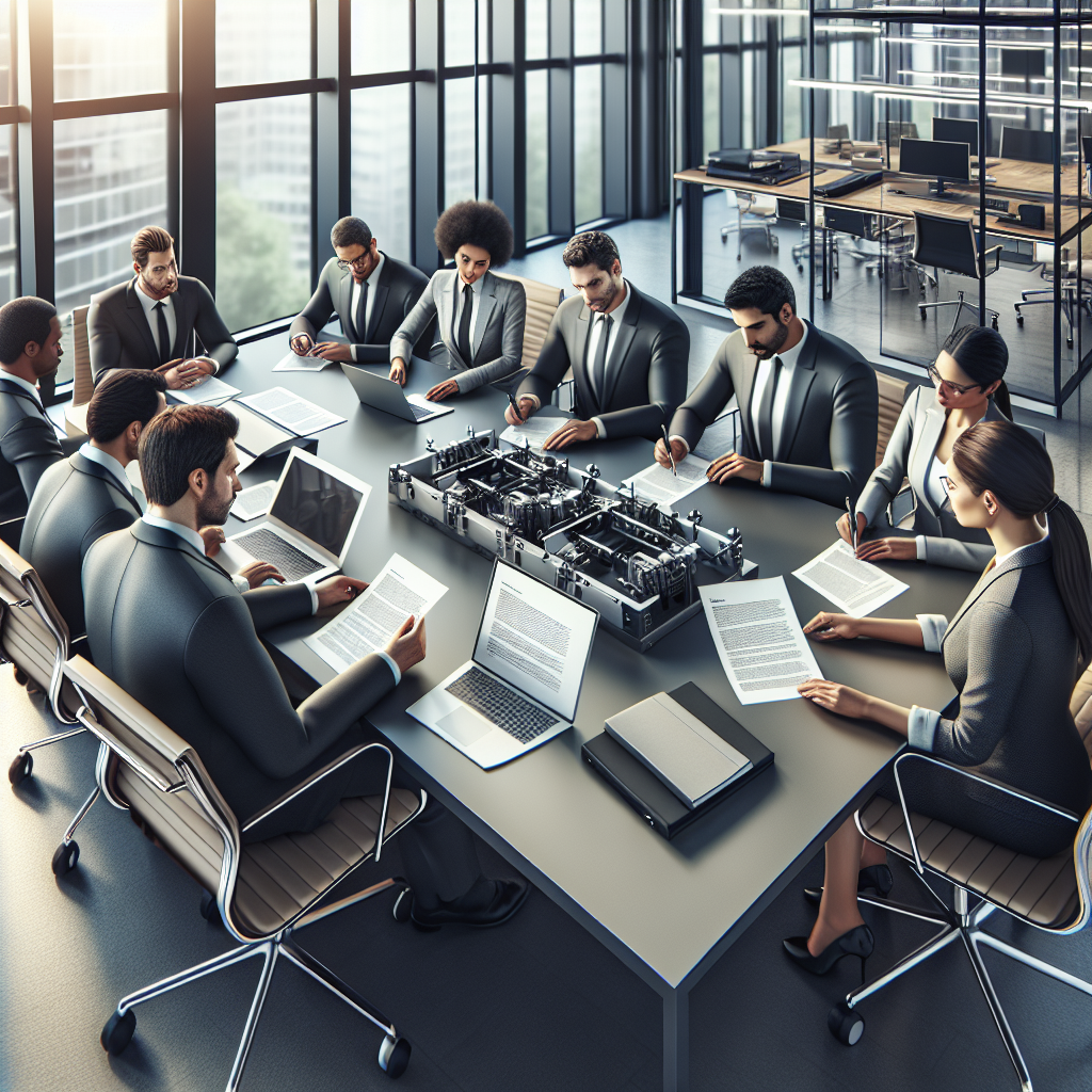 Business professionals discussing equipment financing agreement in a modern office setting.