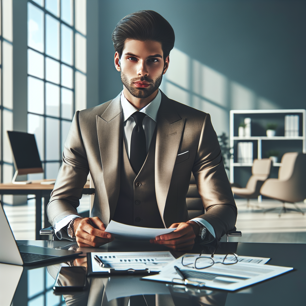 A business professional discussing financial documents at a modern office desk.