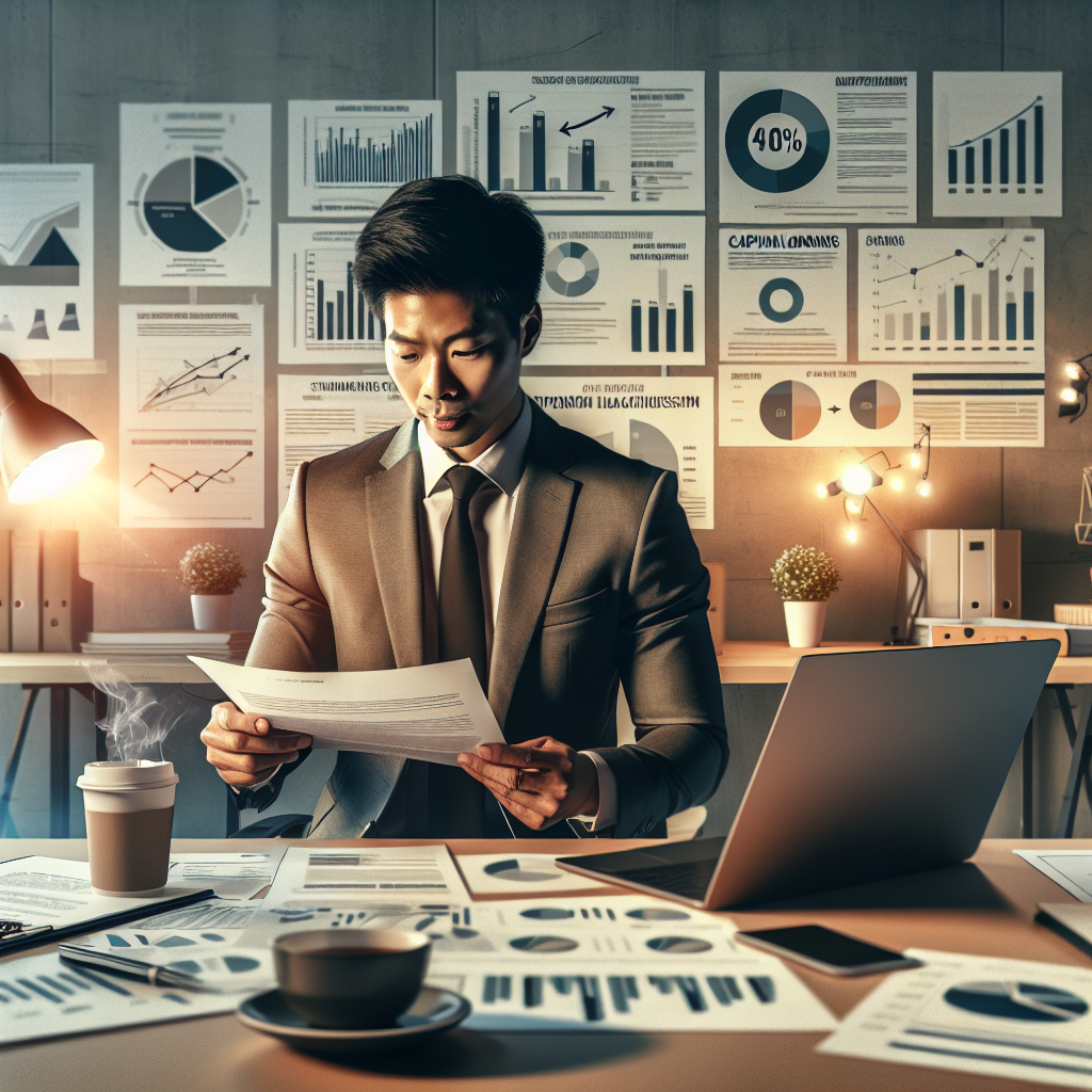 A small business owner in an office reviewing financial documents, surrounded by funding-related charts and a laptop.