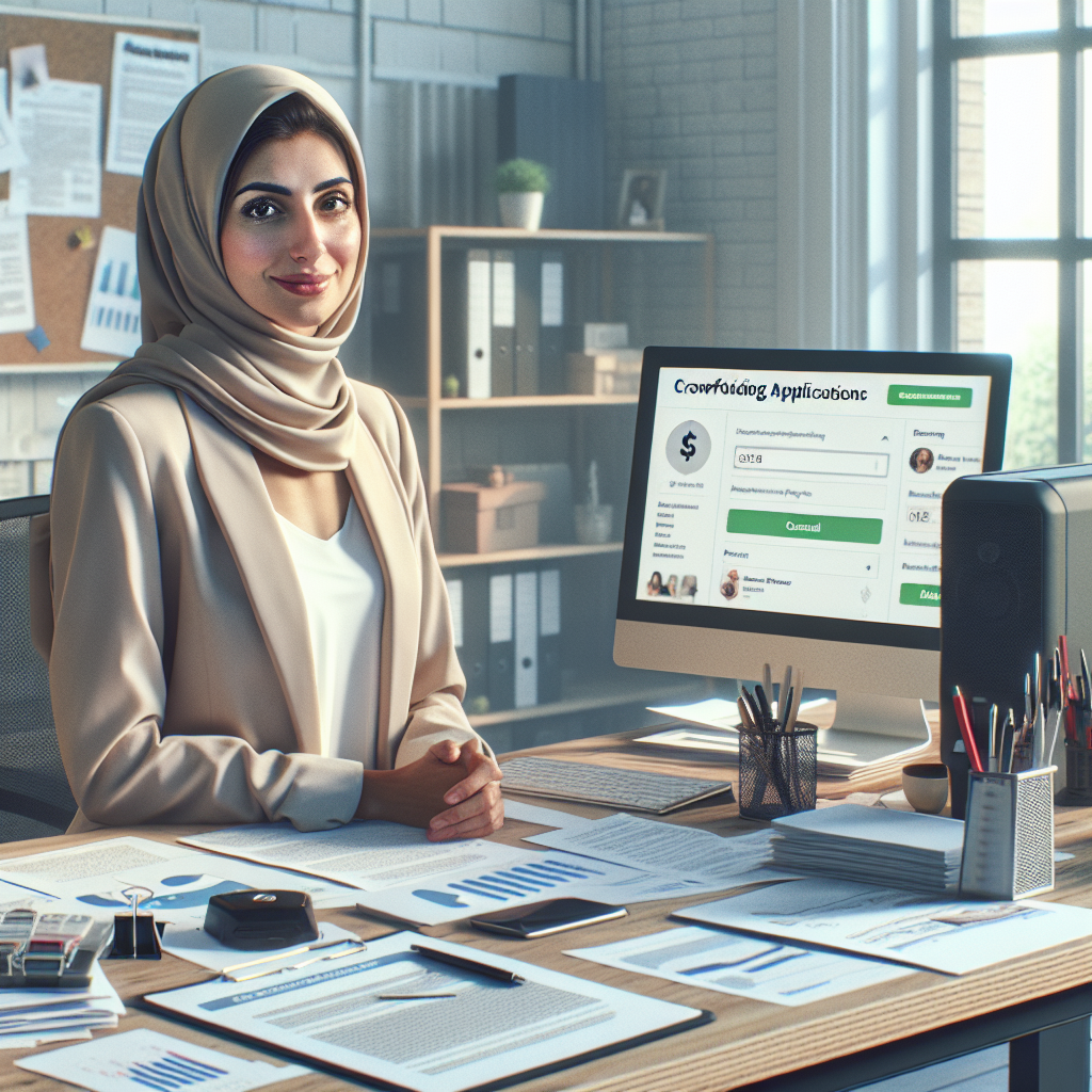 A realistic depiction of a small business owner in their office with financial documents and a computer displaying a crowdfunding page.