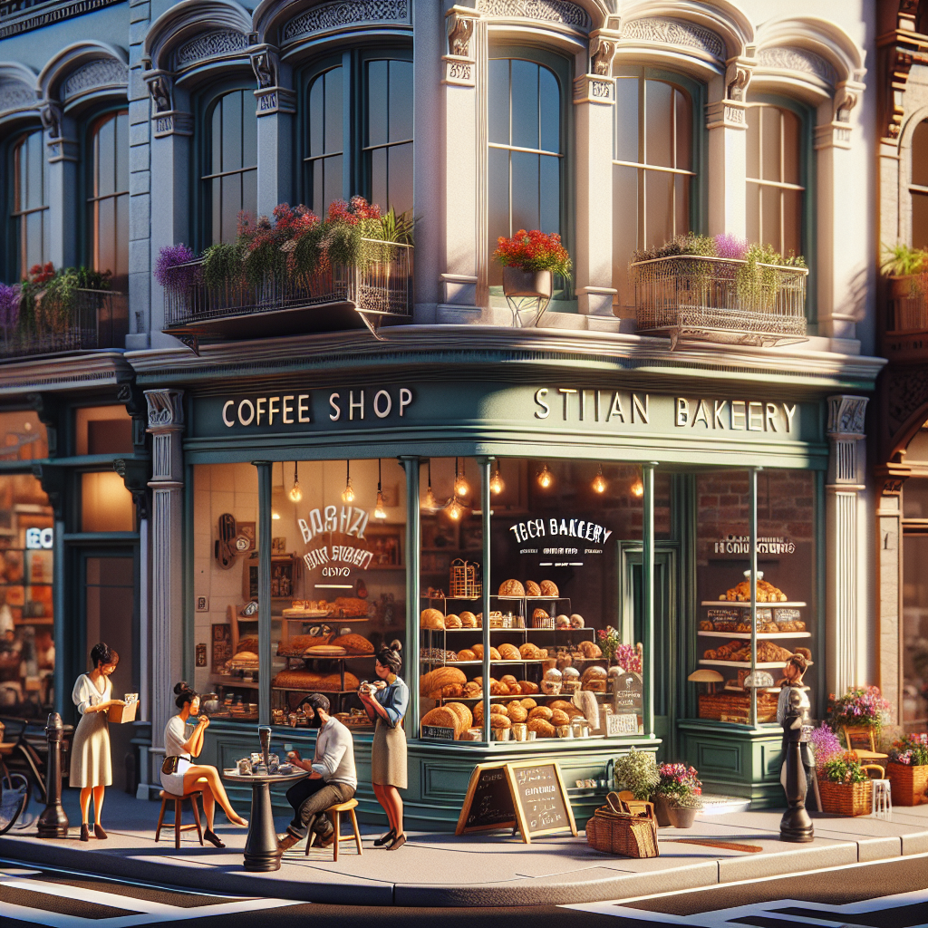 A realistic scene of a street corner with diverse small businesses: a coffee shop, bakery, flower shop, and tech startup, with people engaging with them, representing the diversity of companies benefiting from tailored loans options.