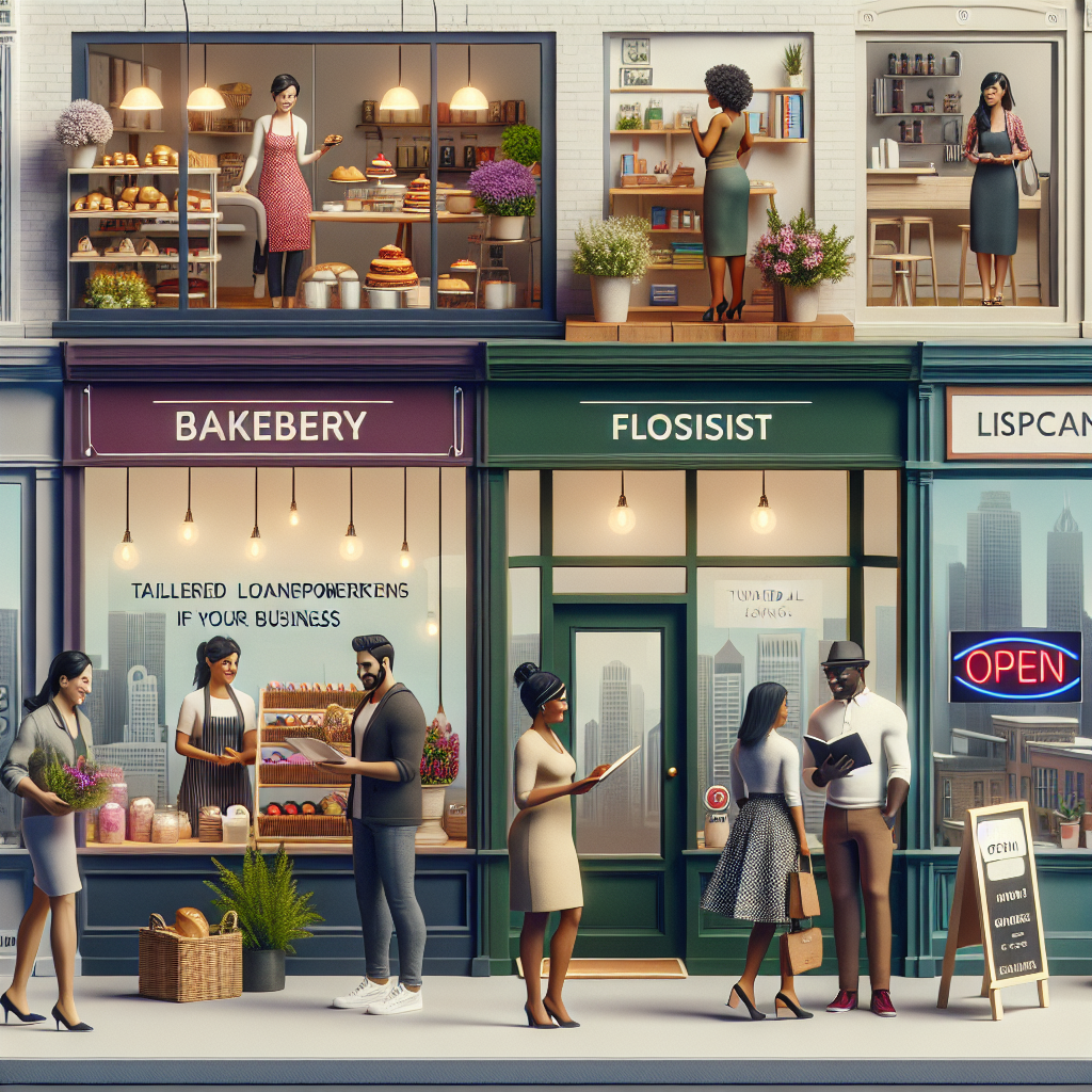 A realistic street scene with diverse small businesses benefiting from tailored loans.