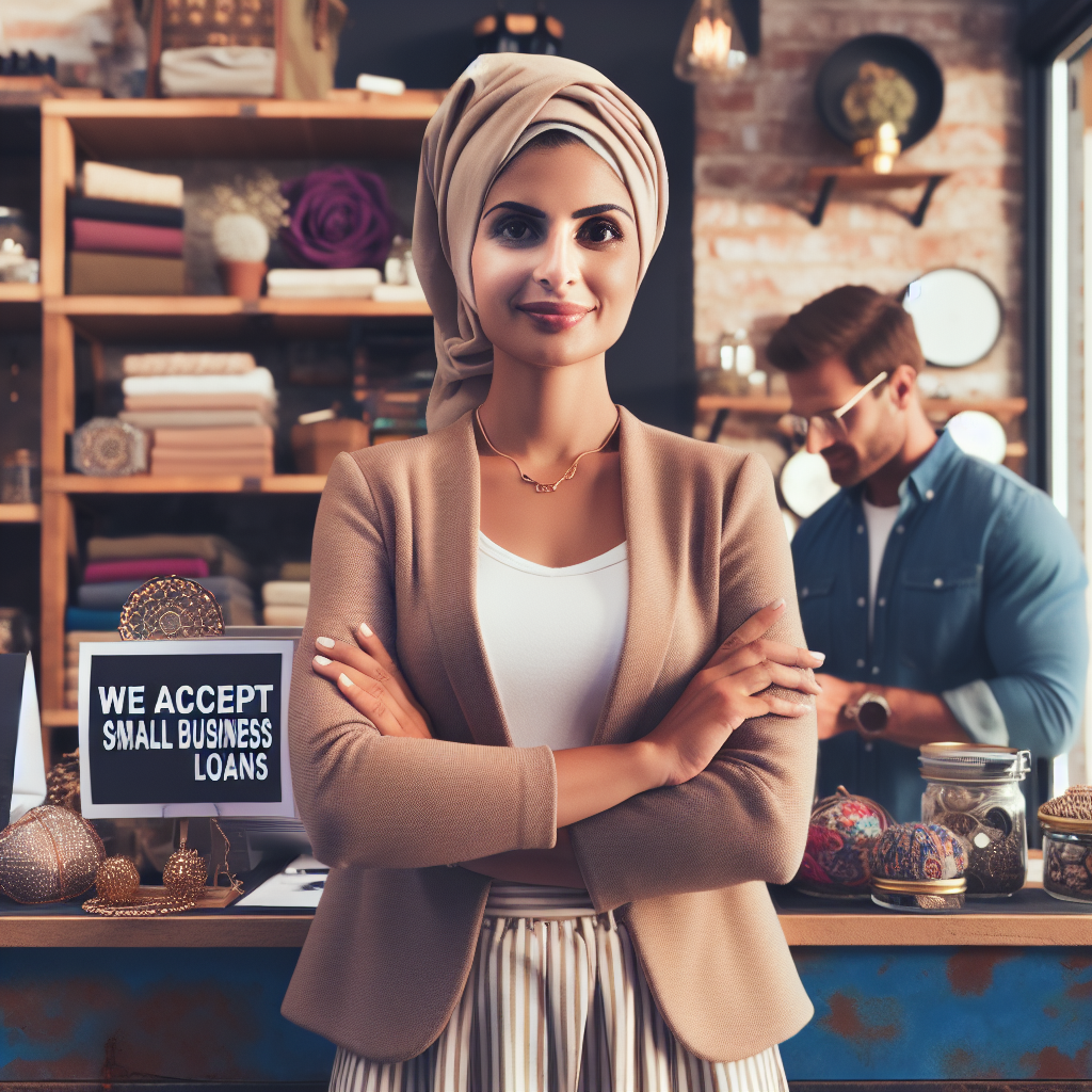 Realistic image of a shopkeeper in a store with a 'We accept small business loans' sign.
