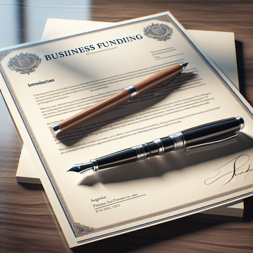An official business funding letter with a fountain pen on a wooden table.