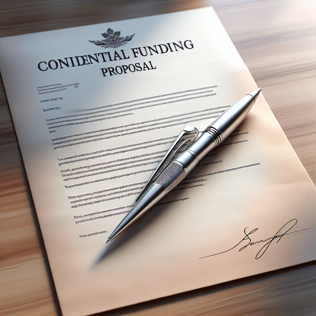 A realistic business funding letter with a silver pen on a wooden desk.