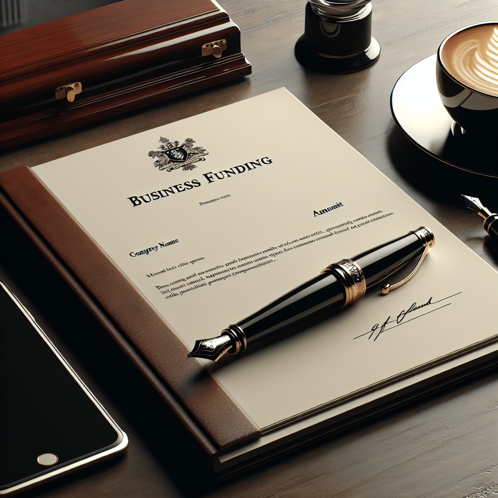 A business funding letter on a wooden desk with a fountain pen, coffee, and smartphone.