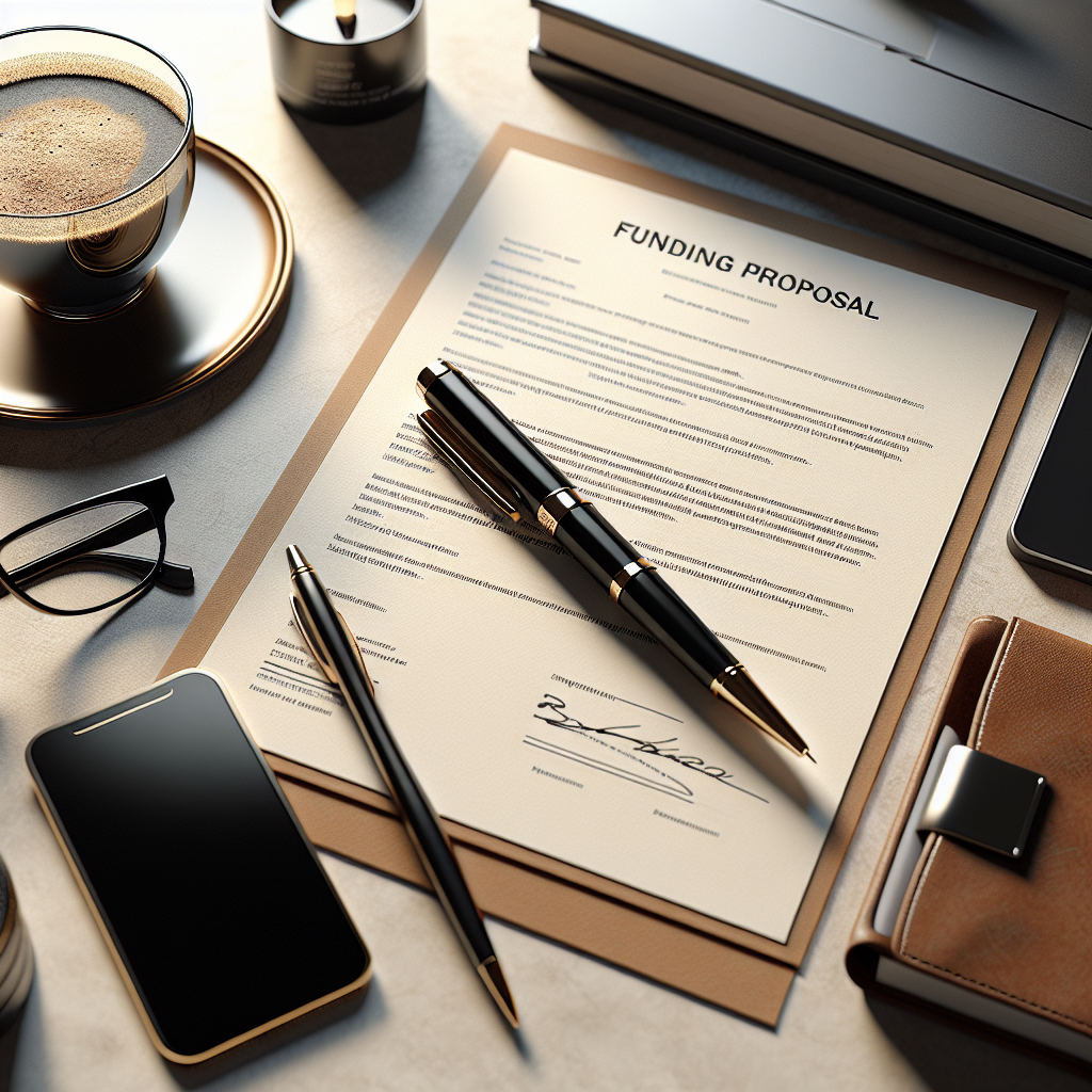 Realistic business funding letter on a desk with a pen, smartphone, glasses, and coffee.