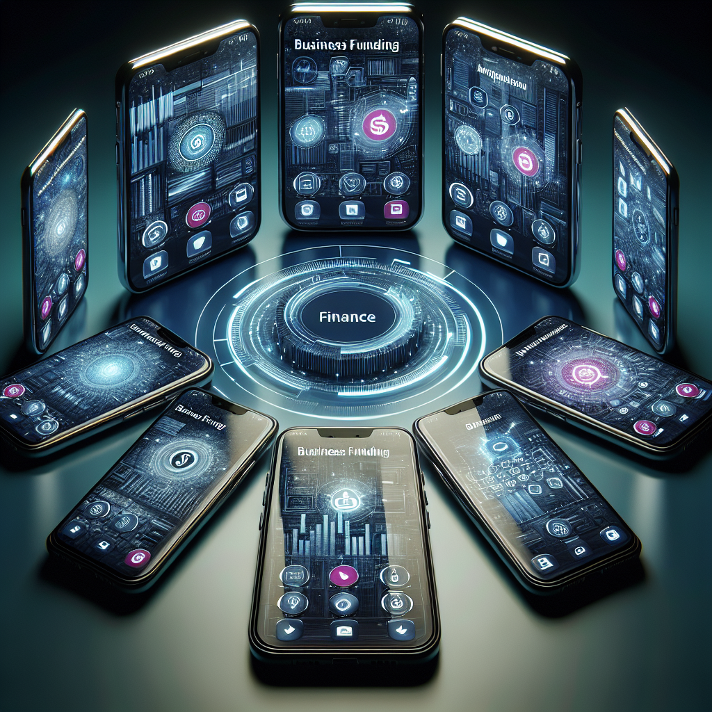 Smartphone screens displaying a variety of business funding applications in a realistic style.