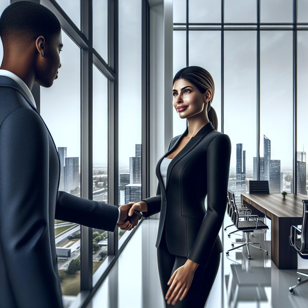 A businessperson shaking hands in a modern office setting, symbolizing a successful business agreement.