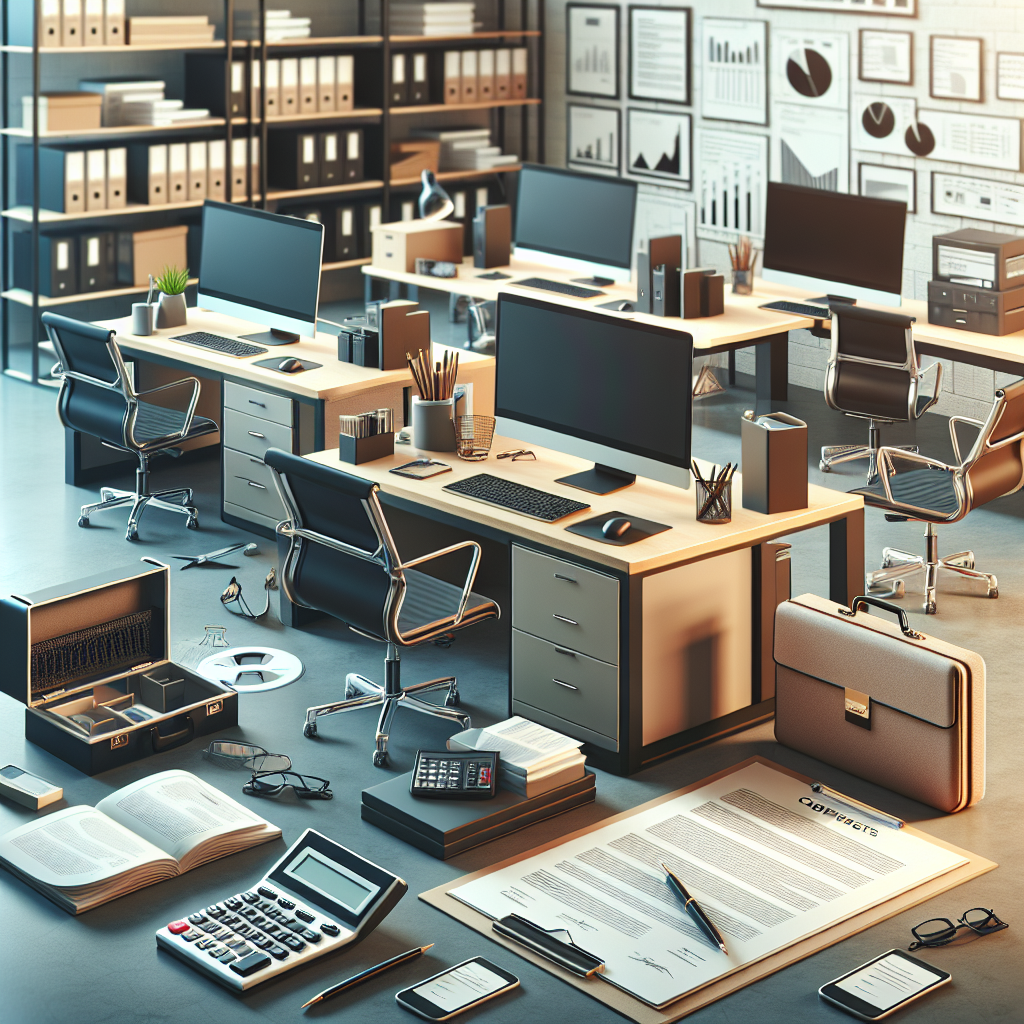 A realistic depiction of modern office equipment arranged in a professional setting, emphasizing elements of financial documentation and tools.