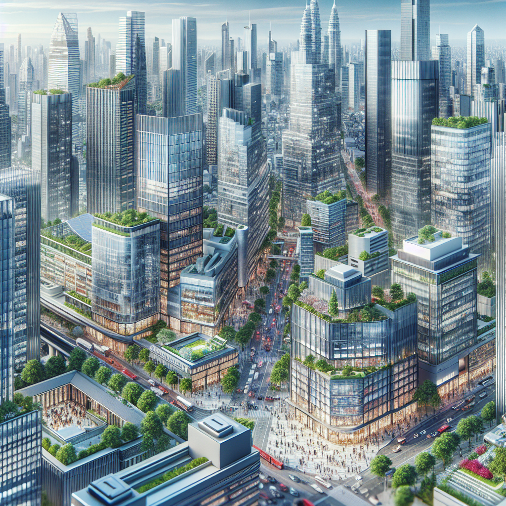 Realistic depiction of Singapore's business district with modern skyscrapers and bustling activity.