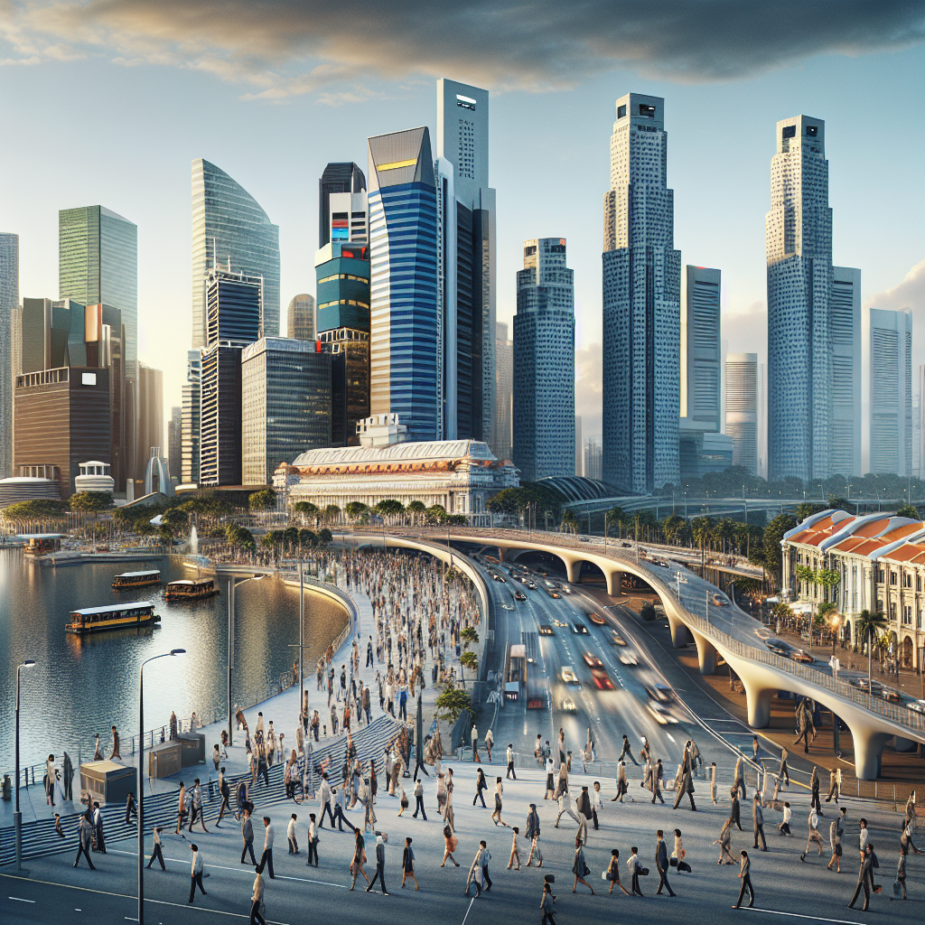 A realistic image showcasing Singapore's bustling business environment with skyscrapers, busy streets, and iconic landmarks.