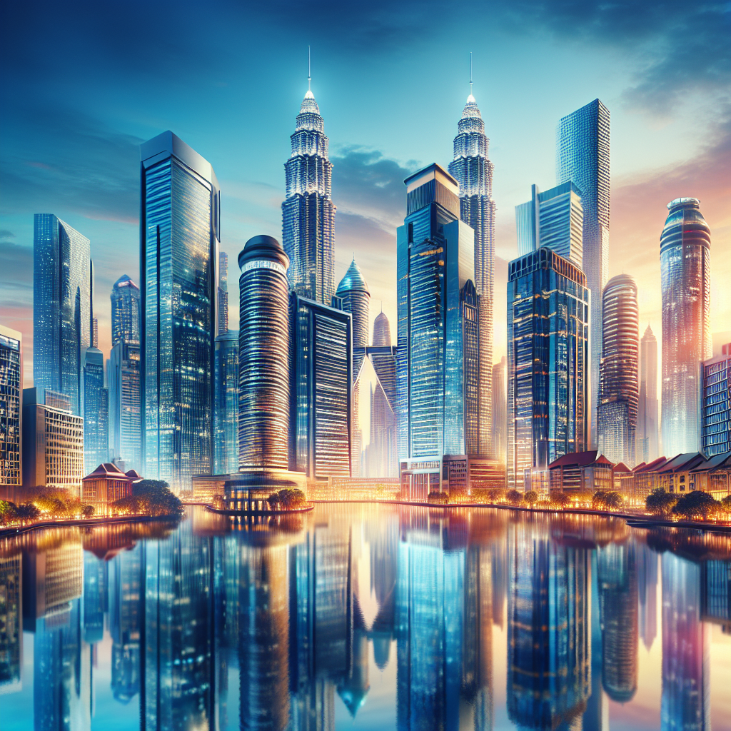 A realistic image of Singapore's business district with modern high-rise buildings and reflections in the water.