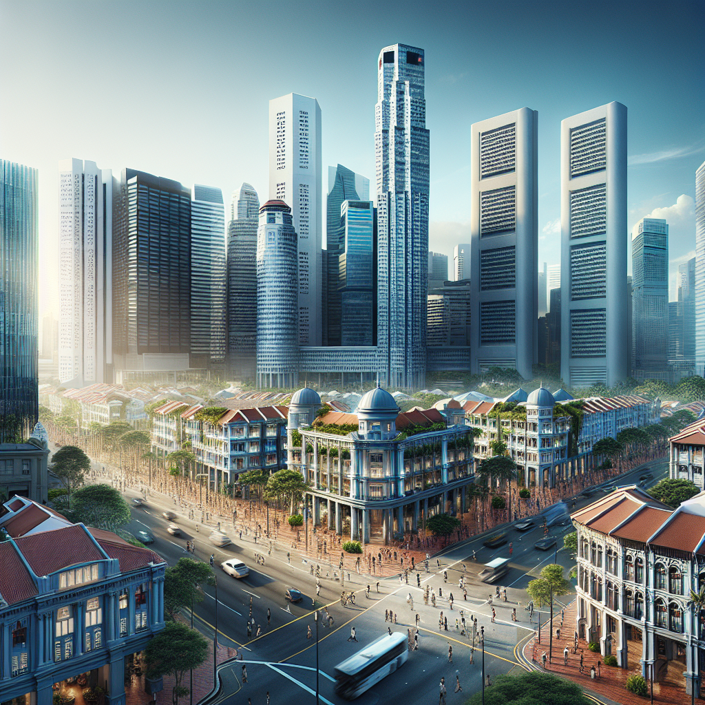 A realistic image of the Singapore business district showcasing modern skyscrapers, colonial architecture, and lush greenery with a bustling city atmosphere.