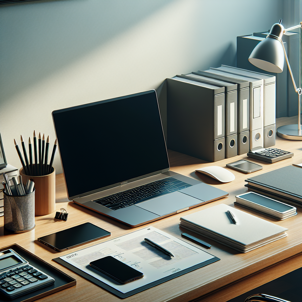 Modern office desk setup with laptop, smartphone, and financial documents, emphasizing productivity and finance management.