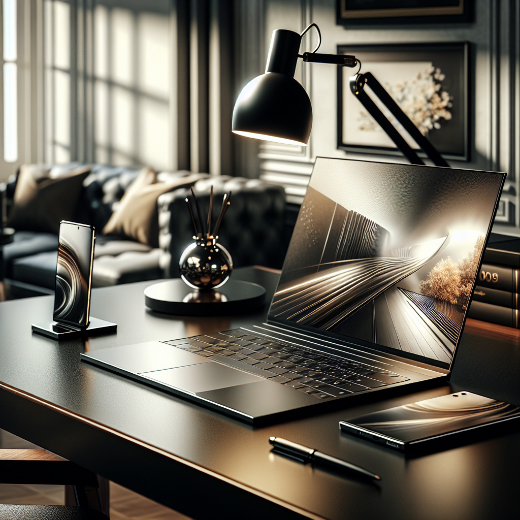 Modern office equipment on a sleek desk with natural light.