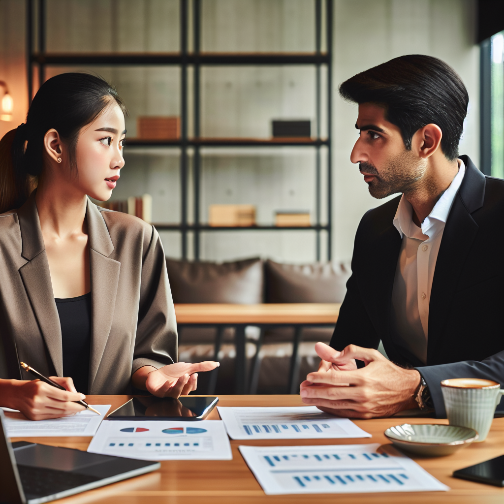 A small business owner discussing financial matters with a consultant in a modern office.