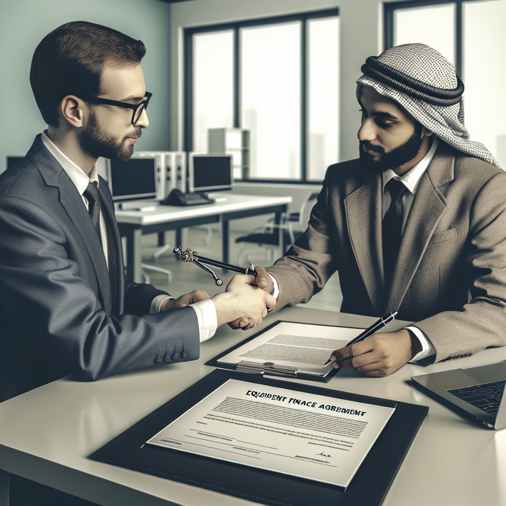 Two people in a modern office setting, signing an equipment finance agreement.