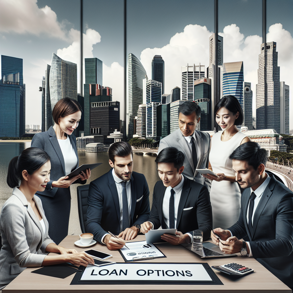 Realistic image depicting loan options discussions in Singapore with iconic landmarks in the background.