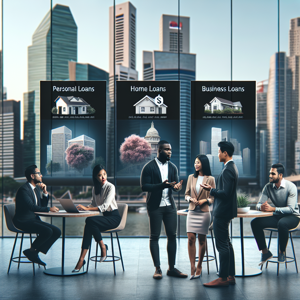 Modern Singapore urban scene with people discussing loan options in a sleek office.